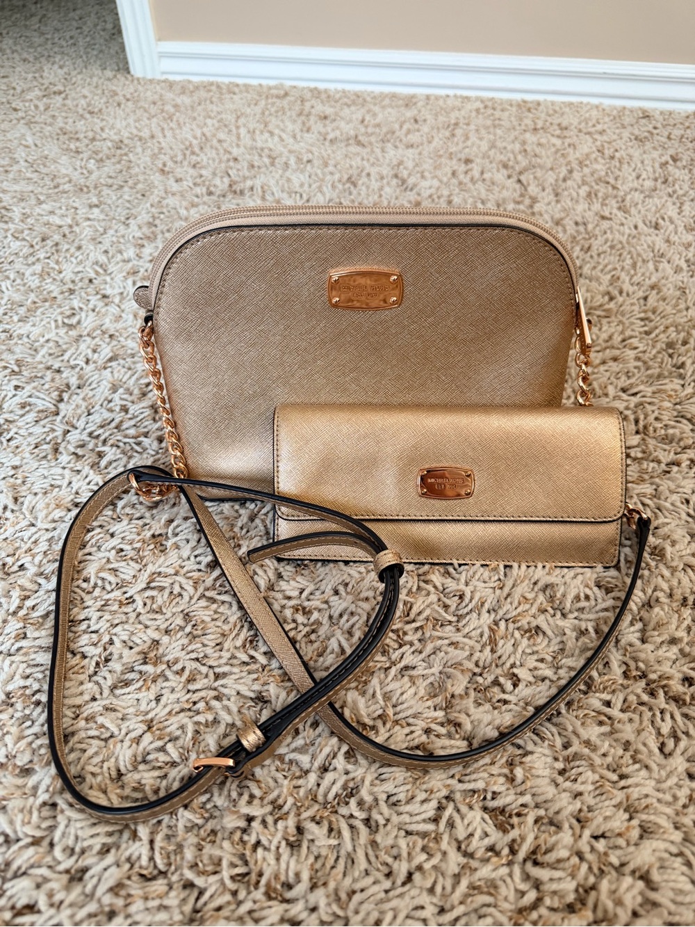 MK Gold Saffiano Crossbody Bag and Wallet Set